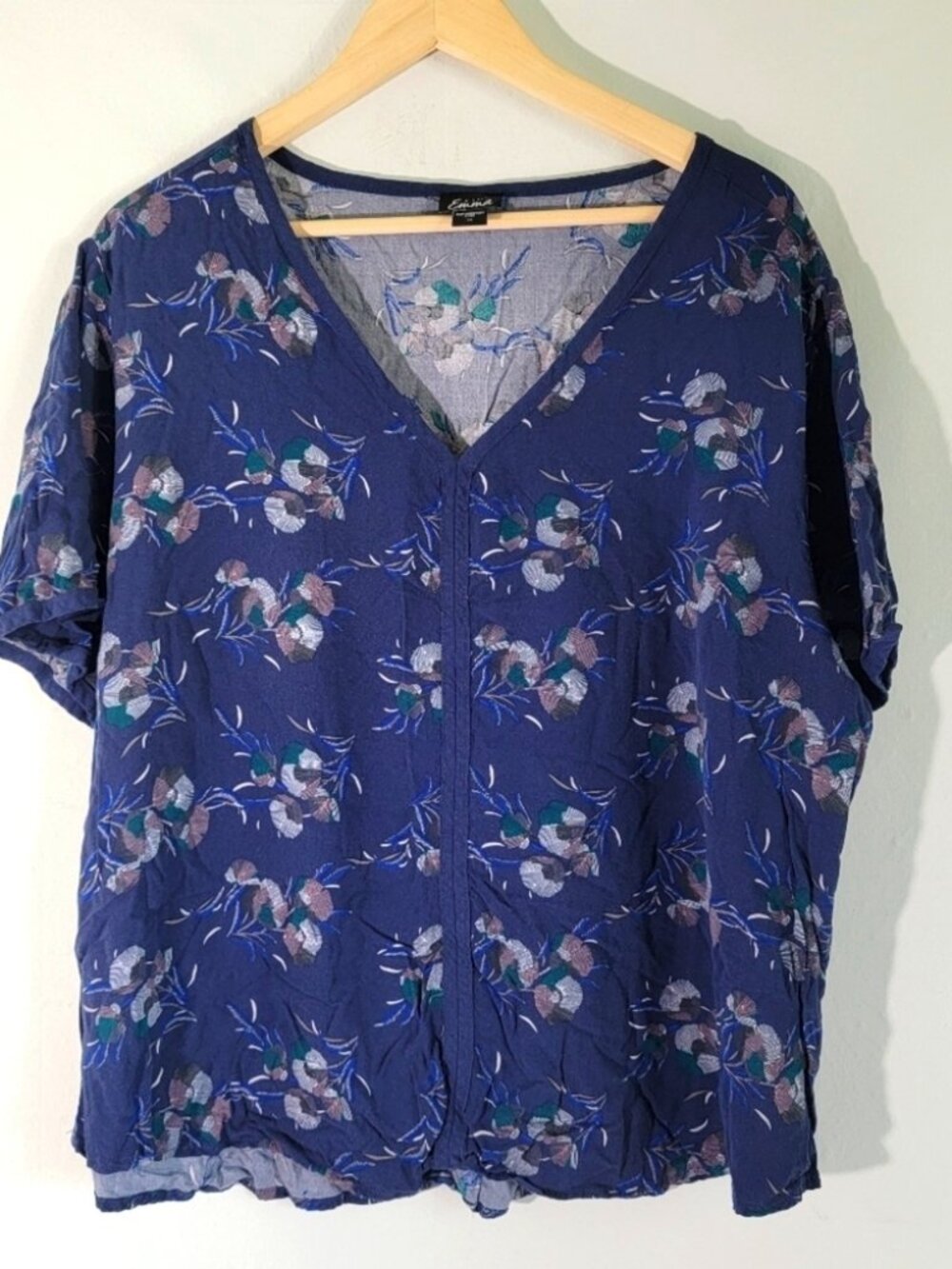 Women Plus Size Blouse 2X Blue Floral V-neck Short Sleeve Casual